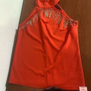 New York & Company Vibrant Red Top with Sparkling Accents